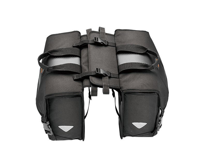 Panniers are equipped with hand-carry straps & reflective trim