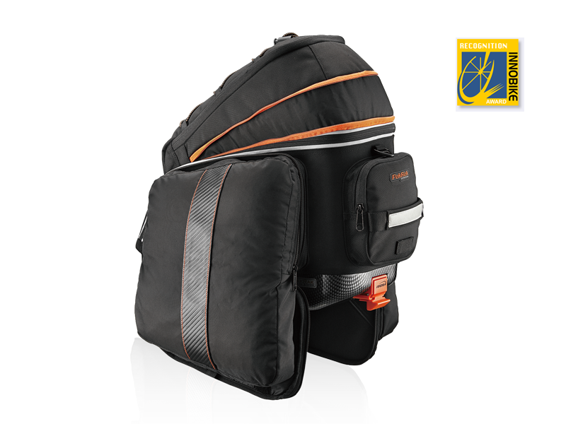 Clip-on bike trunk bag with built-in foldaway mini panniers, hard base, reinforced, padded body.