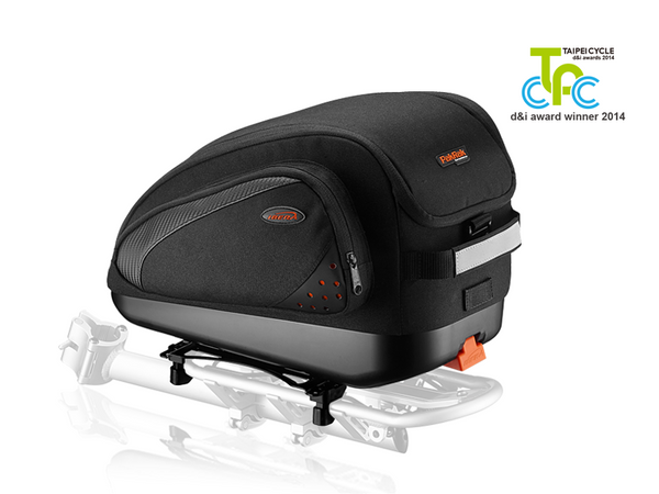 Clip-on bike trunk bag with hard base, reinforced, padded body.